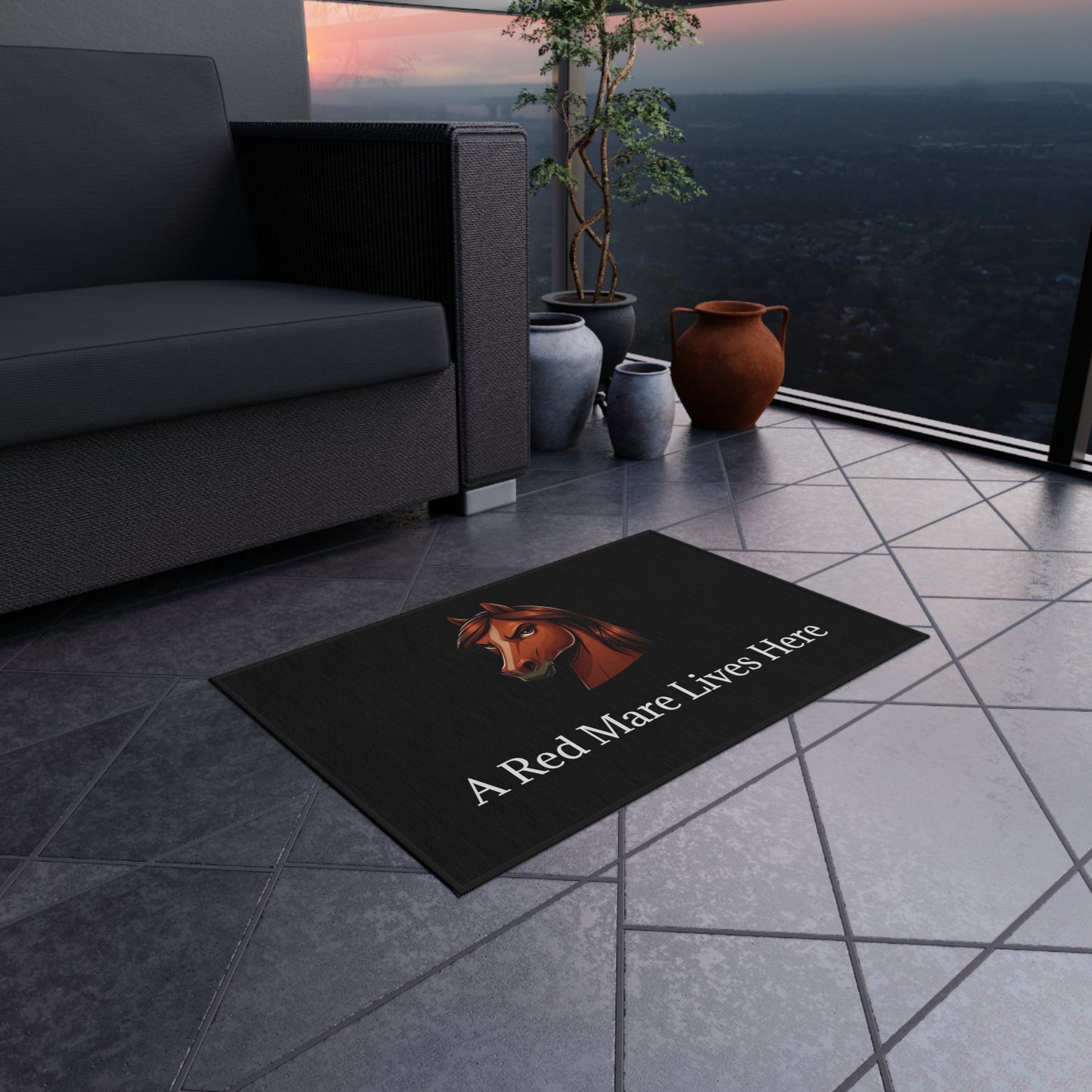 A Red Mare Lives Here Outdoor Rug