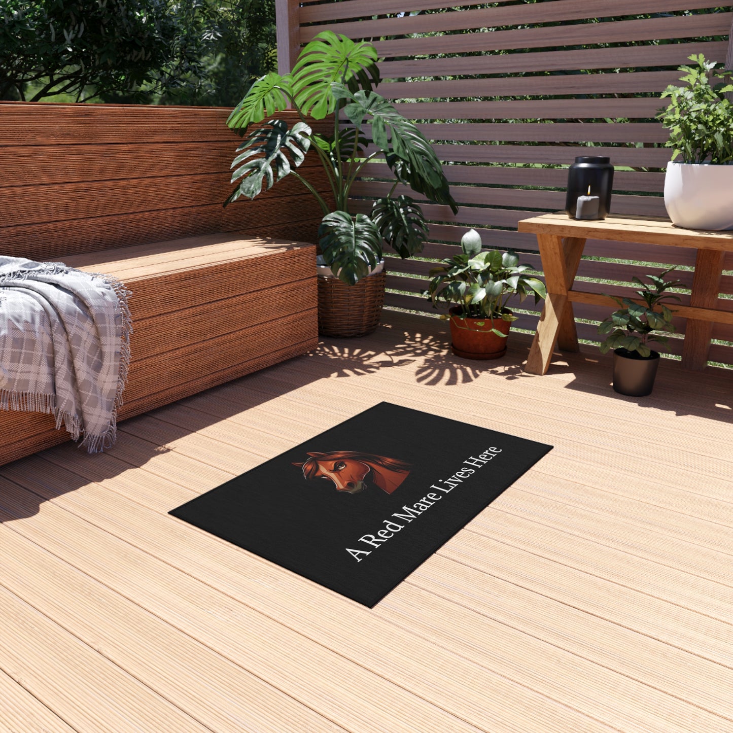 A Red Mare Lives Here Outdoor Rug
